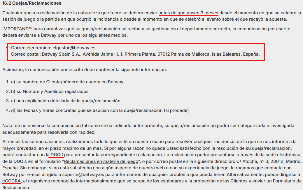 reclamaciones en betway