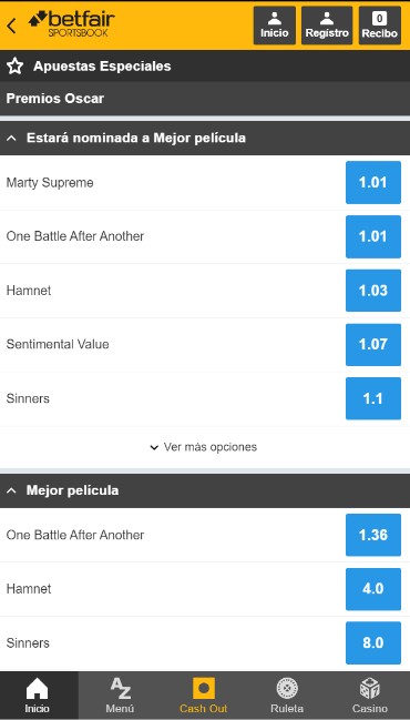 Apuestas Oscar Betfair España movil