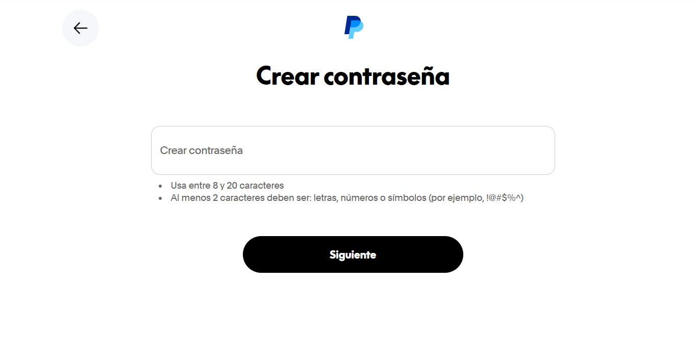 Registro Paypal crear contraseña paso 3