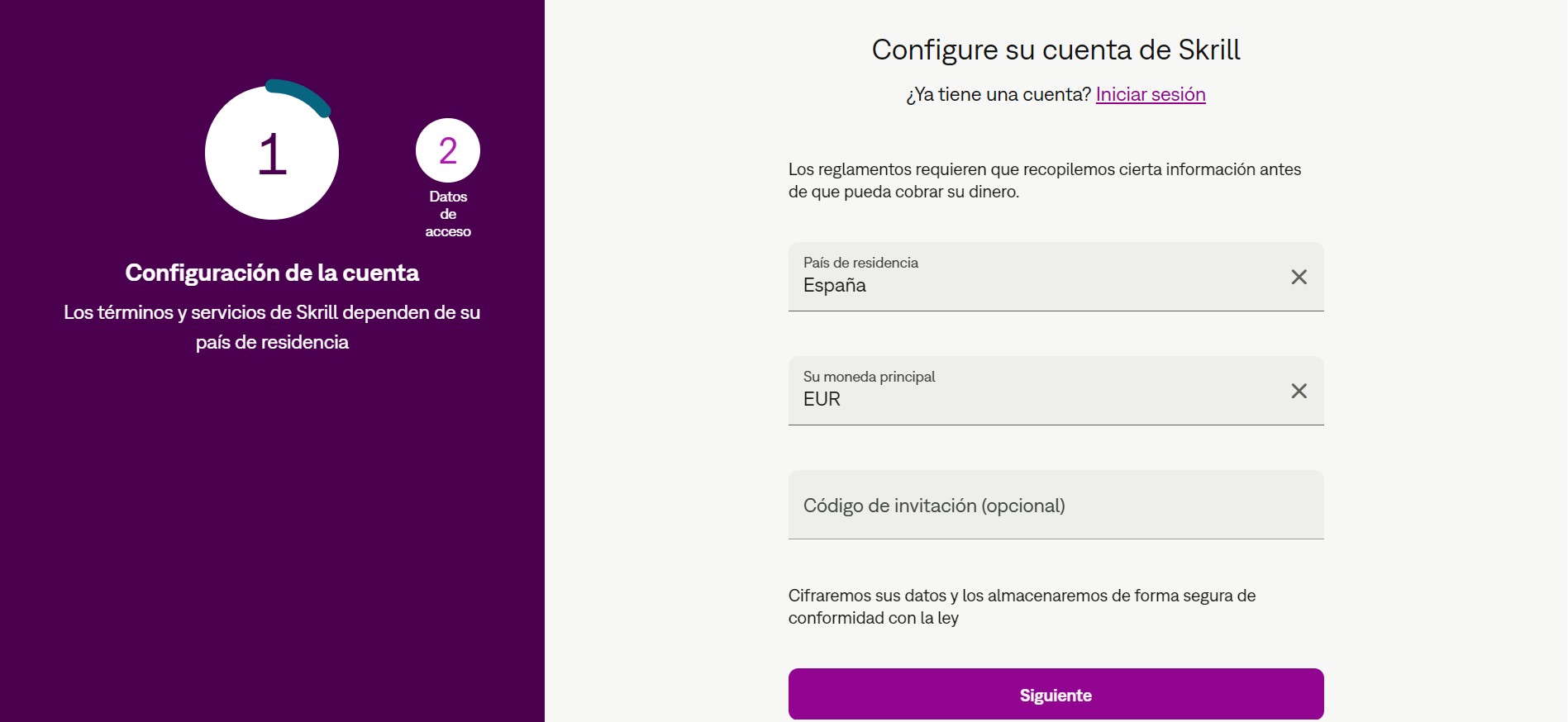 Skrill Configure su cuenta registro paso2