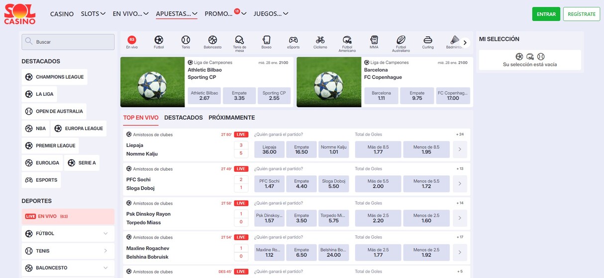 Sol Casino Apuestas deportivas Página principal pc