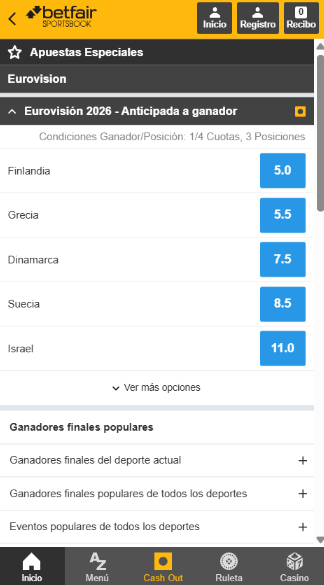 Cuotas de Eurovision 2026 en Betfair movil