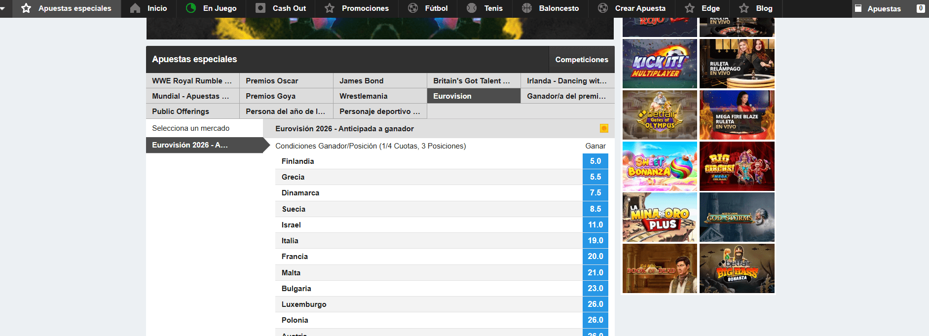 Cuotas de Eurovision 2026 en Betfair