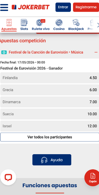 Cuotas de Eurovision 2026 en JOKERBET movil