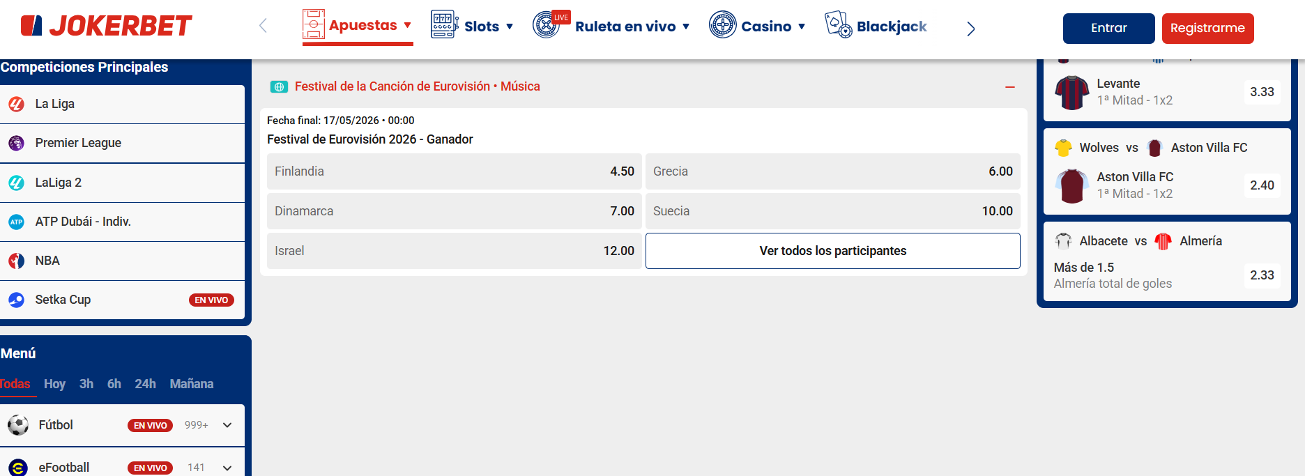 Cuotas de Eurovision 2026 en JOKERBET