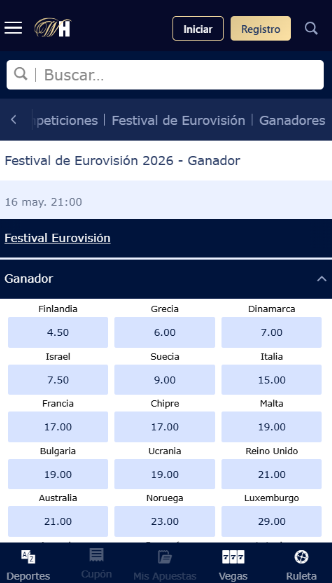Cuotas de Eurovision 2026 en William Hill movil