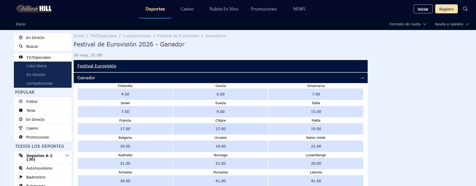Cuotas de Eurovision 2026 en William Hill