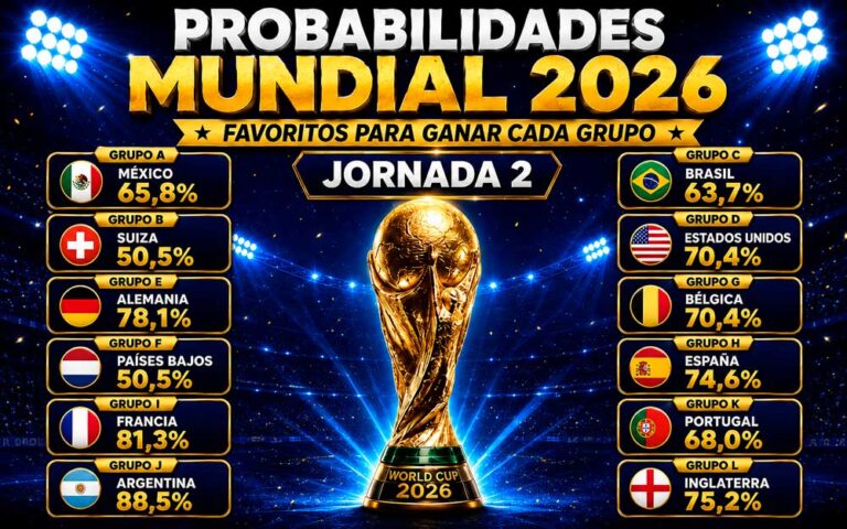 Porcentajes y probabilidad de ganar en cada grupo del Mundial en la Jornada 2