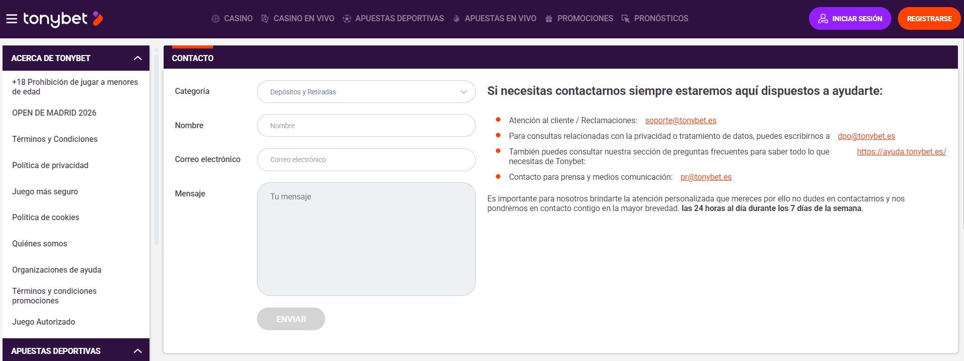 Tonybet Contacto España pc