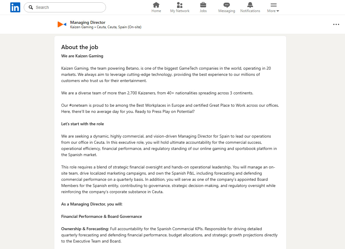 Oferta Managin Director en Kaizen Gaming