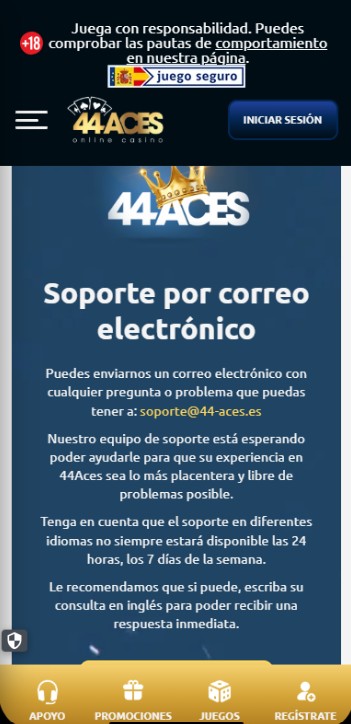 44Aces Casino España Atención al cliente versión móvil