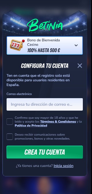 Betinia registro España versión móvil