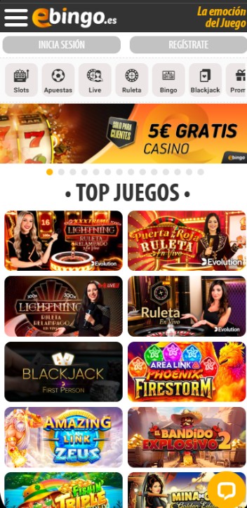 Ebingo Casino Página principal móvil