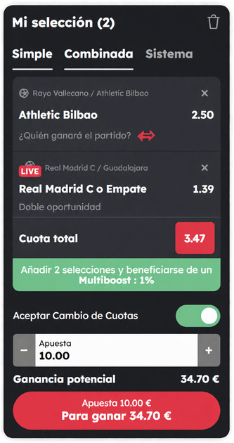 Selecciones y cuotas en el boleto de Casino Barcelona