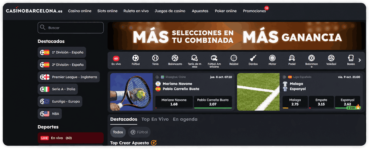 Deportes y mercados de apuestas en Casino Barcelona