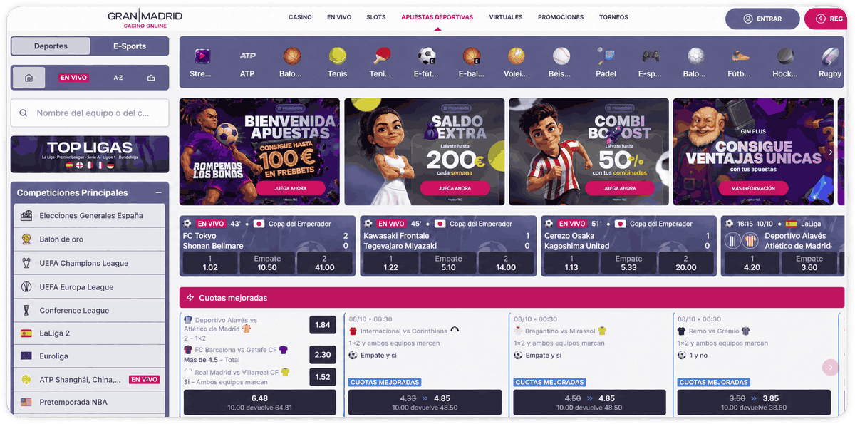 Página de apuestas deportivas de Casino Gran Madrid