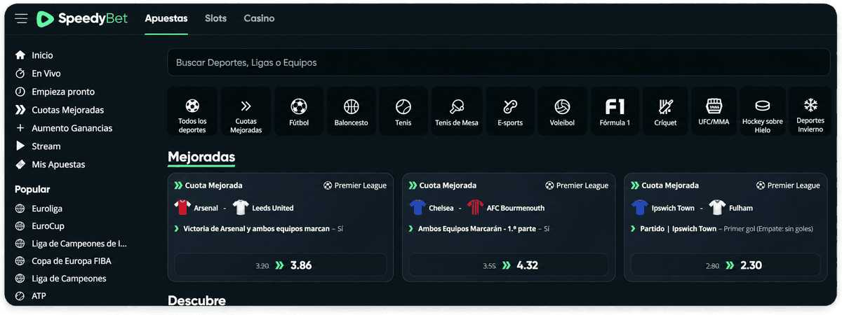 Mercados y cuotas deportivas en Speedybet
