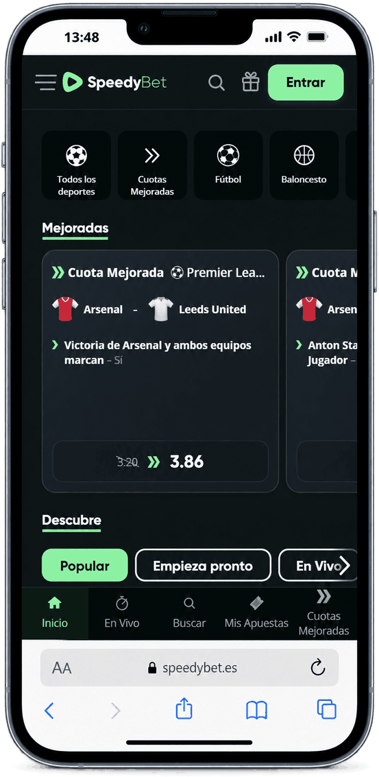 Vista móvil de la web de apuestas de Speedybet